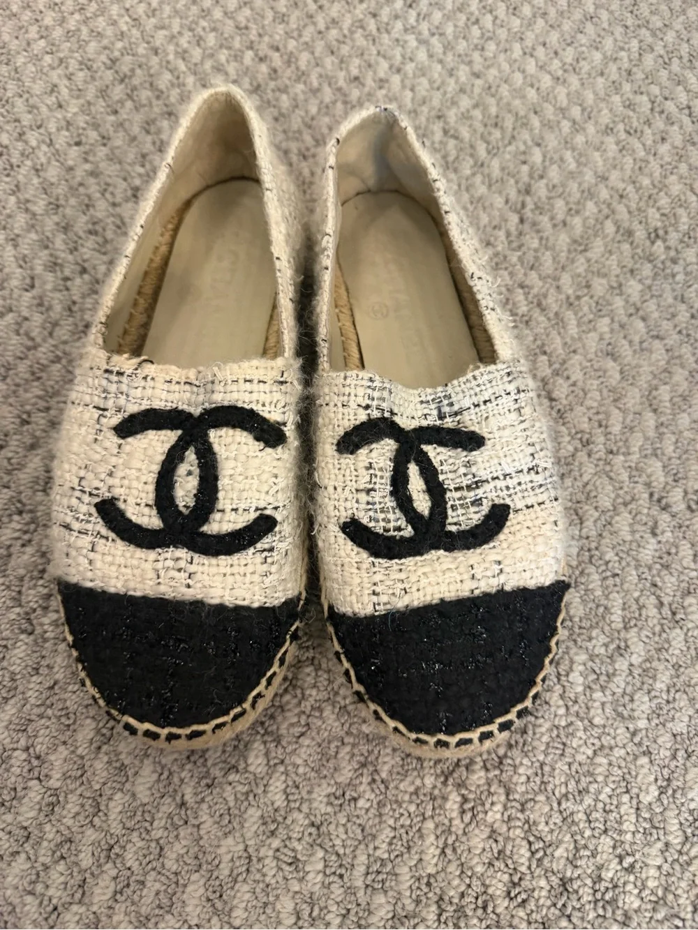 Chanel Tweed Espadrilles with Black Cap Toe, Size 38